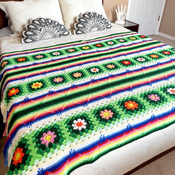 Vintage Handmade Rainbow Flower Granny Square Afghan Blanket 67x50 - Picture 1 of 9
